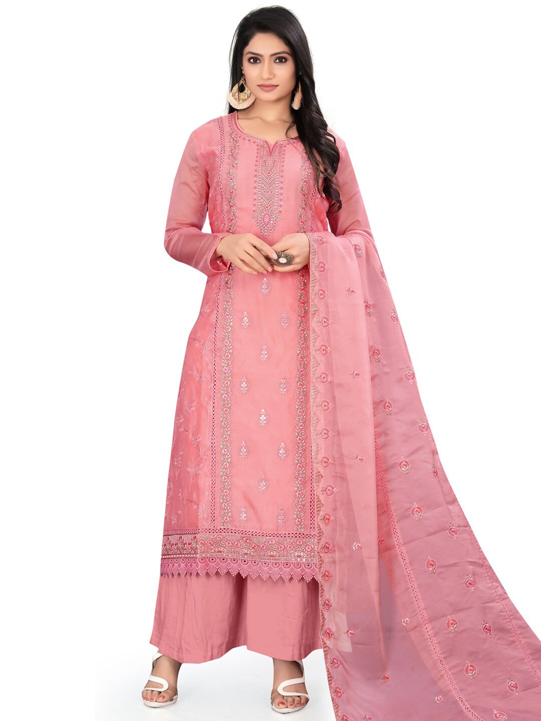 

Stylee LIFESTYLE Floral Embroidered Organza Unstitched Dress Material, Pink