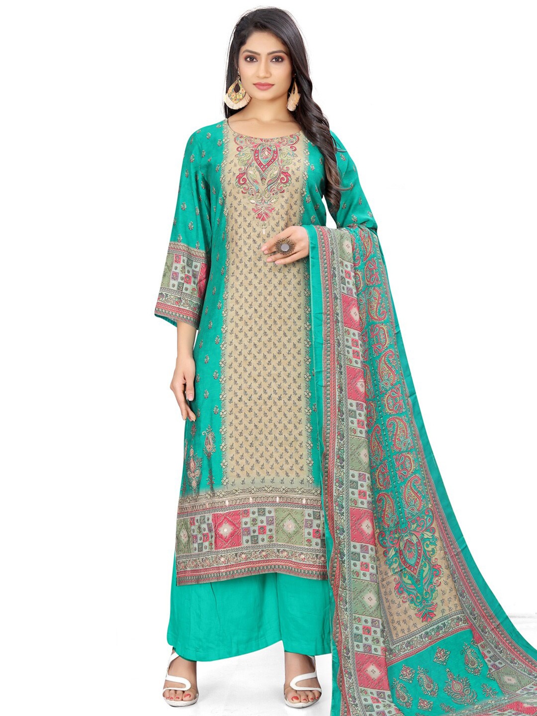 

Stylee LIFESTYLE Floral Printed Pure Silk Unstitched Dress Material, Green
