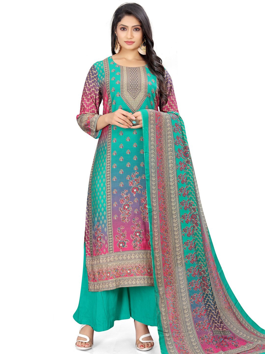 

Stylee LIFESTYLE Floral Printed Pure Silk Unstitched Dress Material, Green