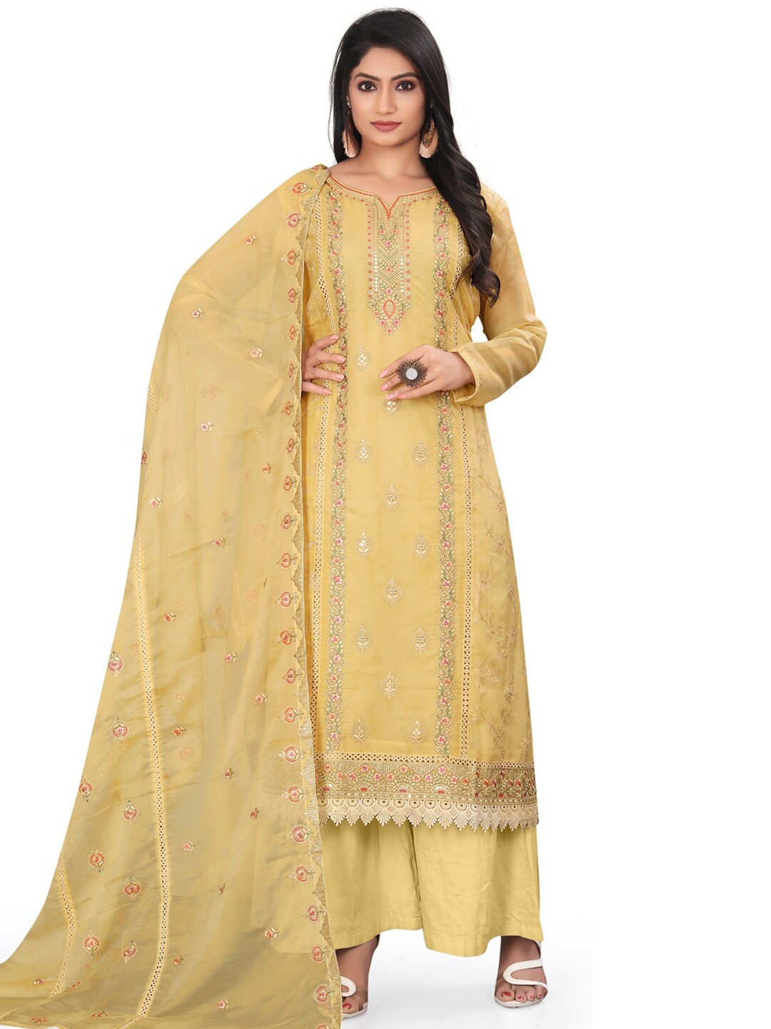 

Stylee LIFESTYLE Floral Embroidered Unstitched Dress Material, Yellow