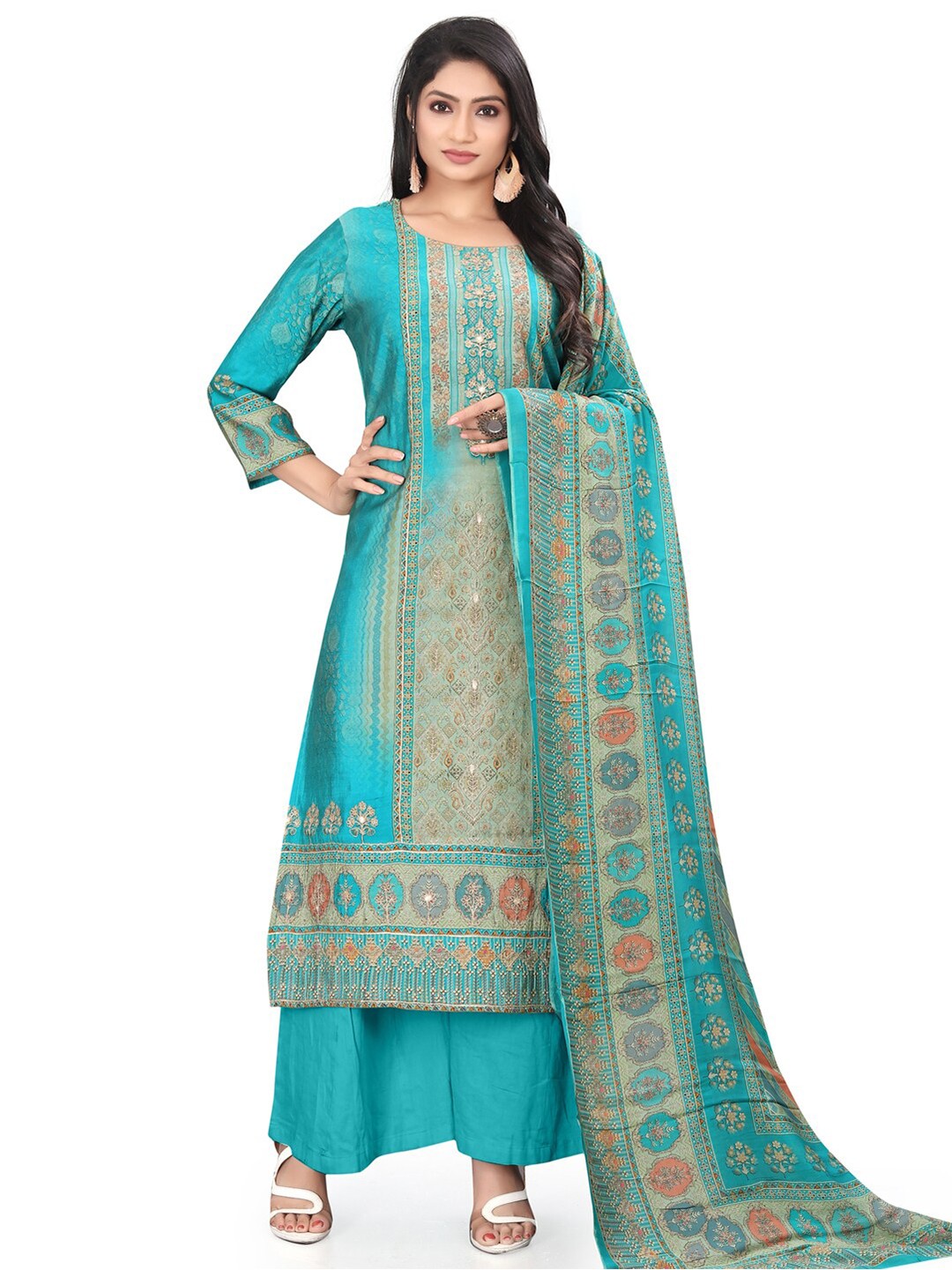 

Stylee LIFESTYLE Ethnic Motifs Printed Pure Silk Unstitched Dress Material, Turquoise blue