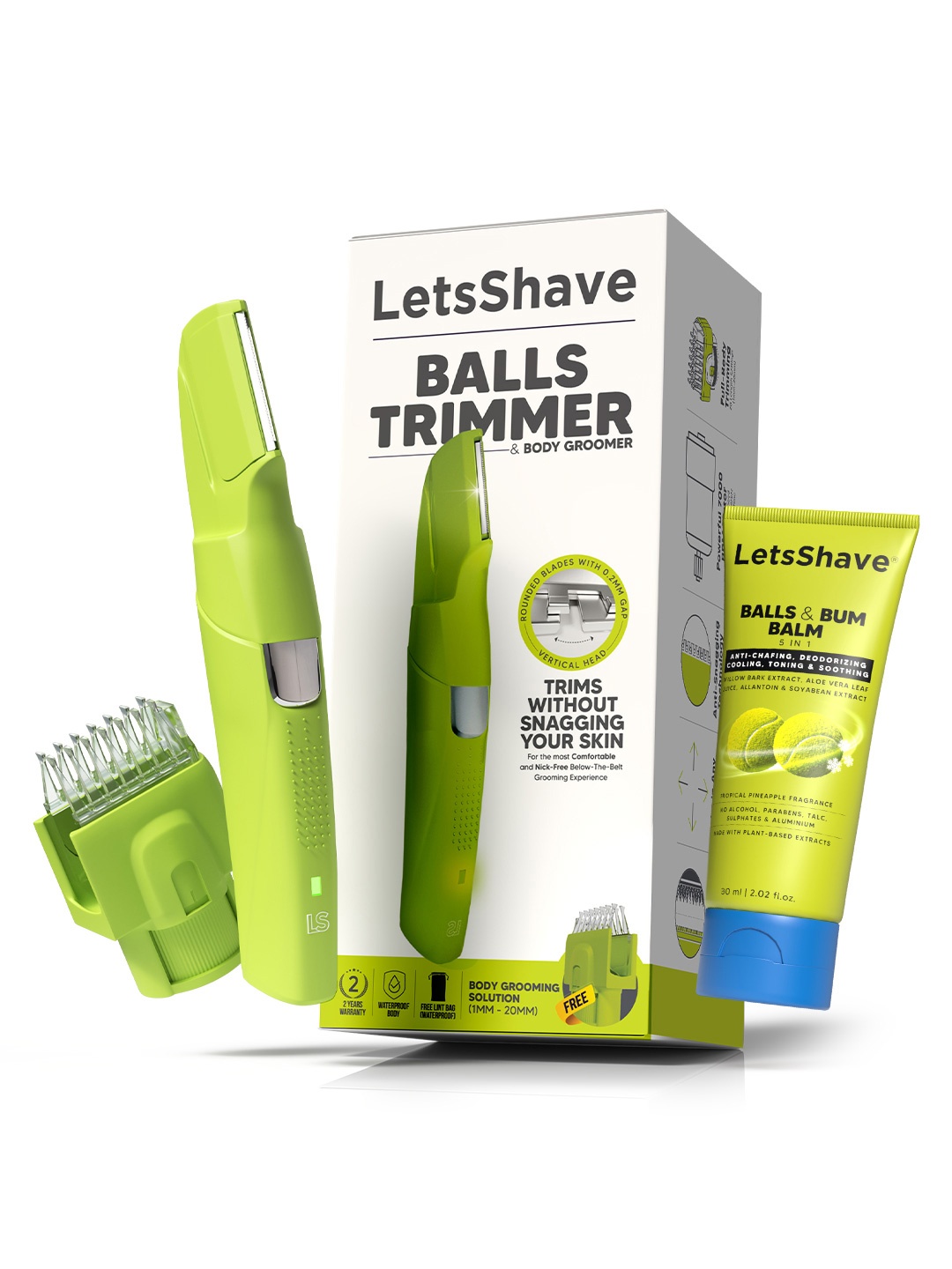 

LetsShave Men Set Of 2 Balls Trimmer & 5 In 1 Balls Balm-30ml, Green