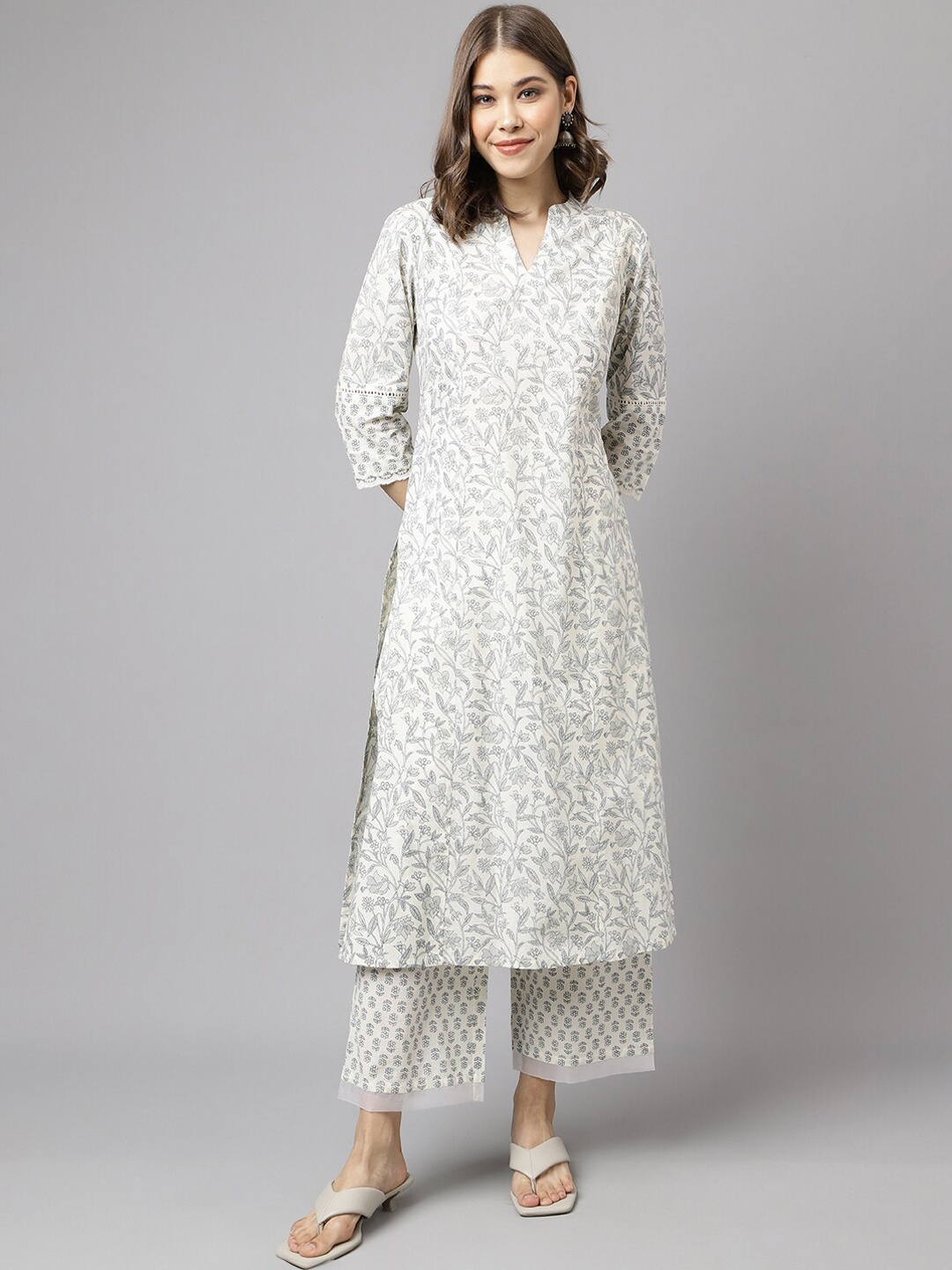 

FIORRA Floral Printed Mandarin Collar Pure Cotton Kurta With Palazzos, Off white