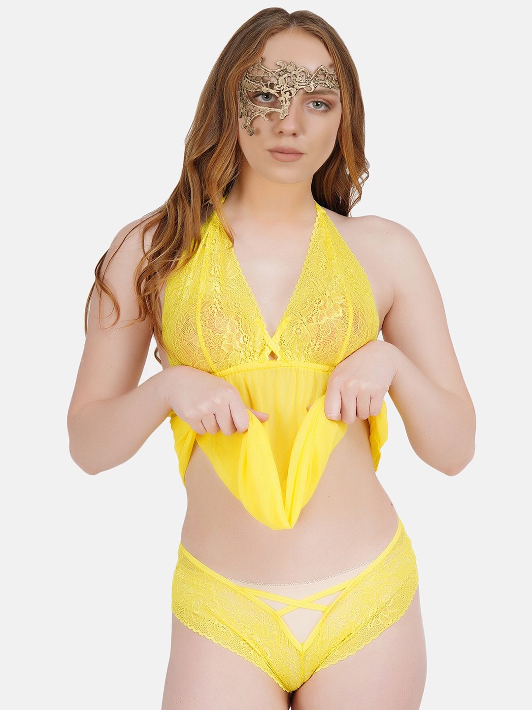 

COLOR STYLE Self Design Halter Neck Baby Doll With Golden Mask, Yellow