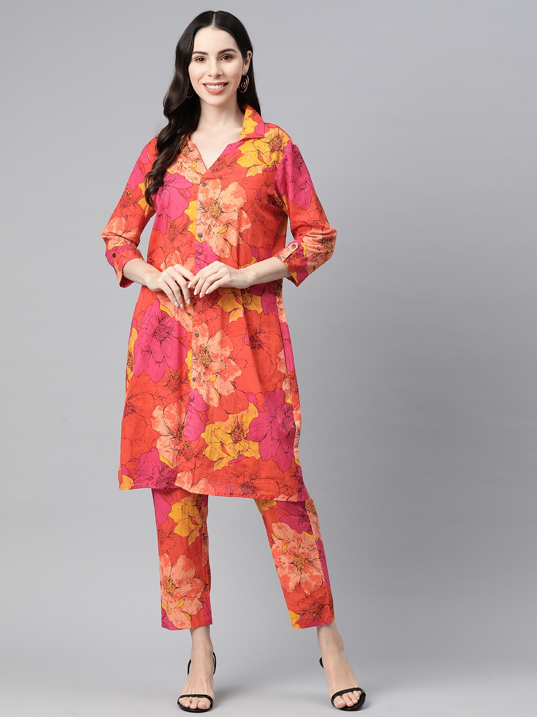 Readiprint Floral Printed Regular Pure Cotton Kurta with Trousers, Red