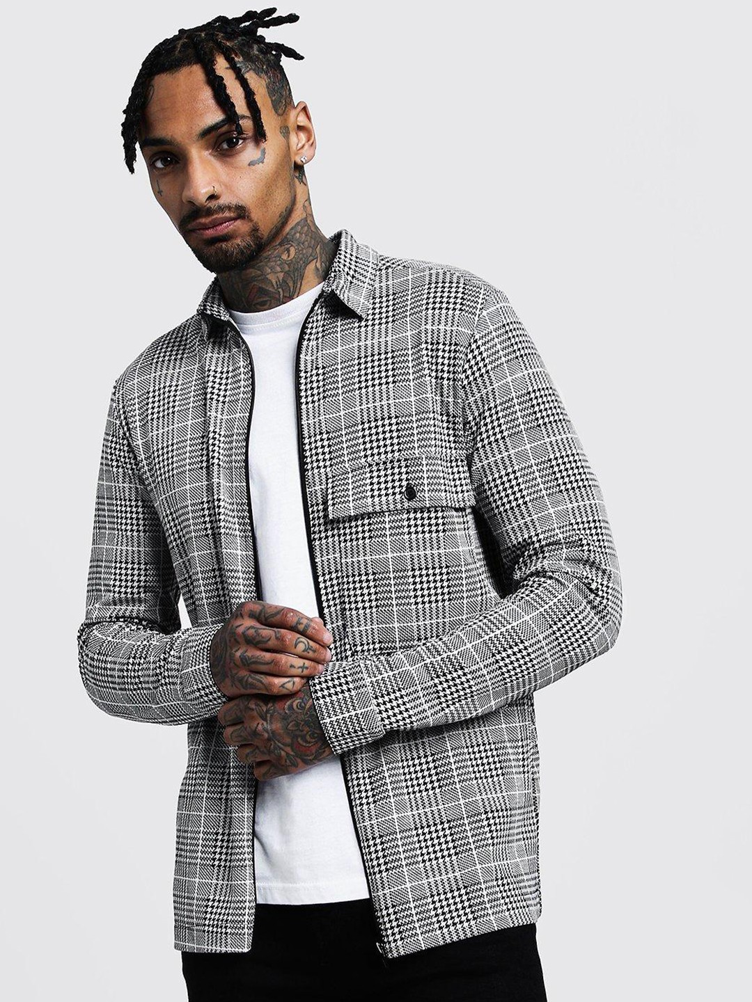 

boohooMAN Houndstooth Pattern Opaque Casual Shirt, Black