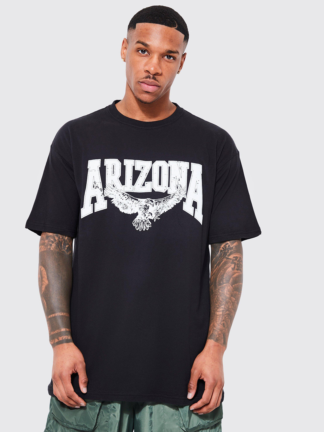 

boohooMAN Arizona Eagle Printed Drop-Shoulder Sleeves Monochrome Cotton Oversized T-shirt, Black