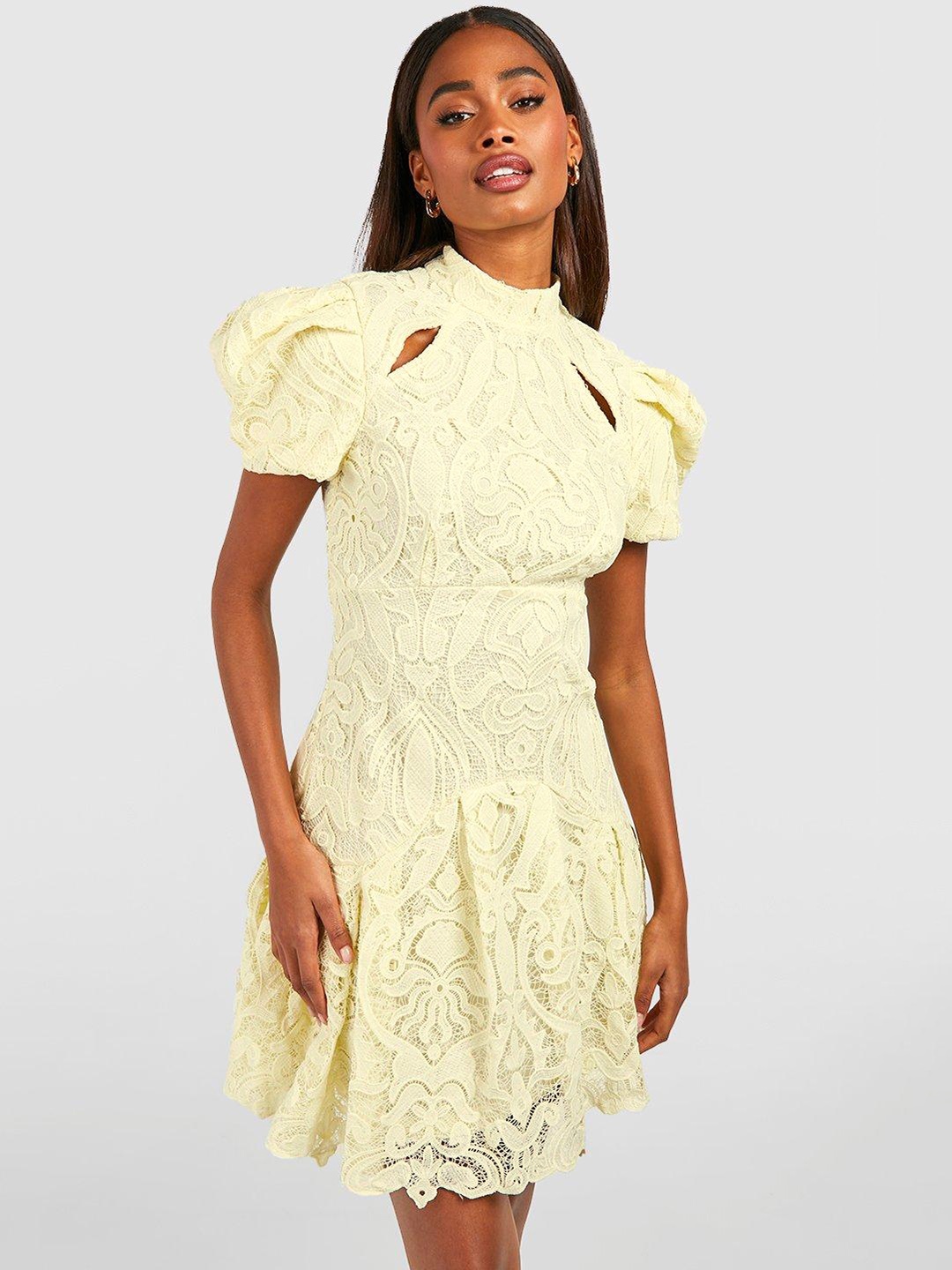 

Boohoo Cut-Out Detail Floral Lace A-Line Mini Dress, Yellow