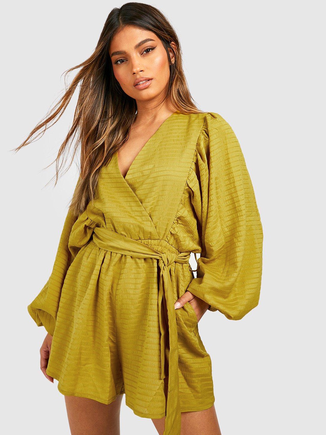 

Boohoo Textured Wrap-Style Playsuit, Mustard