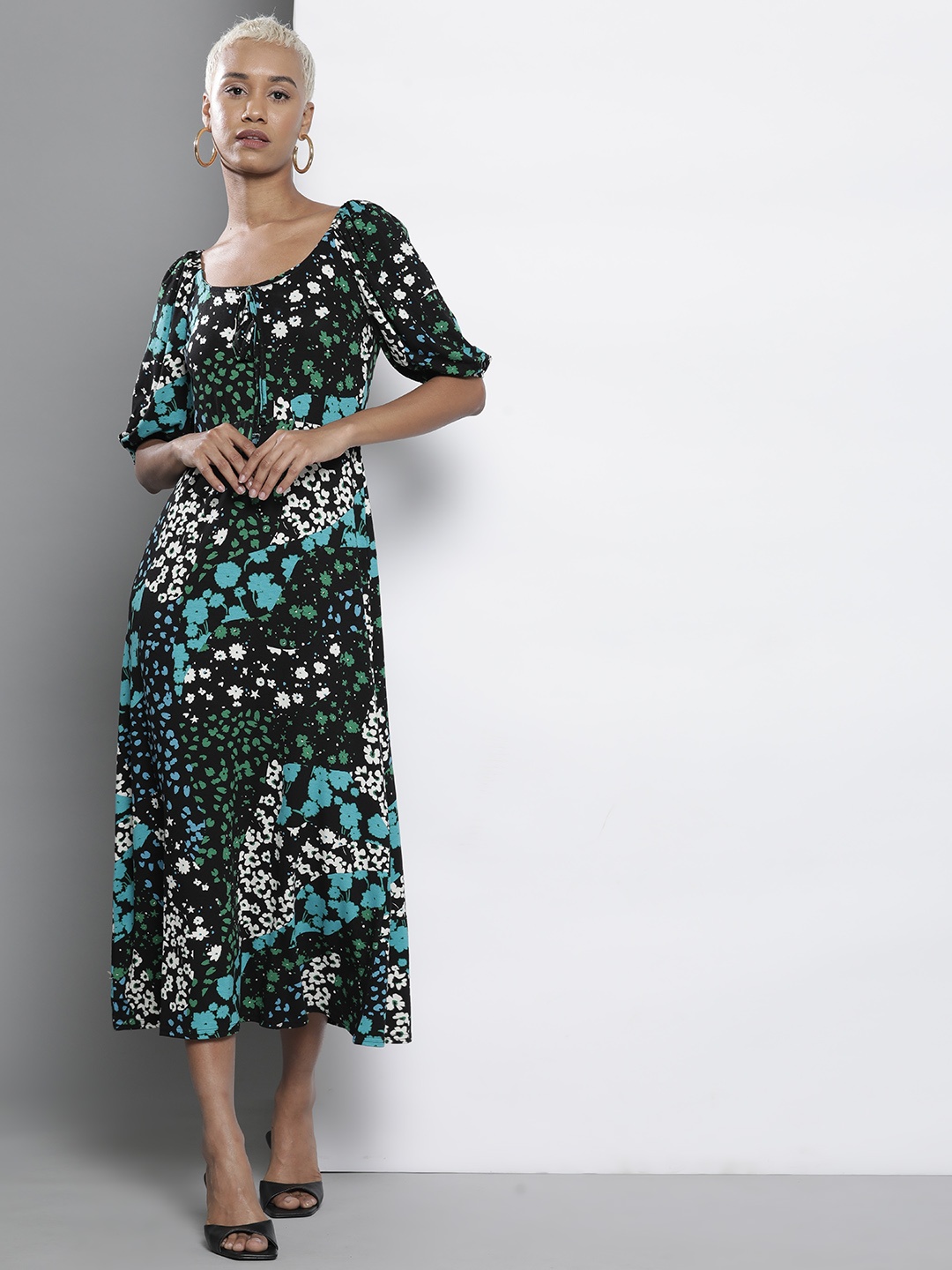 

DOROTHY PERKINS Floral Print Puff Sleeve A-Line Midi Dress, Black