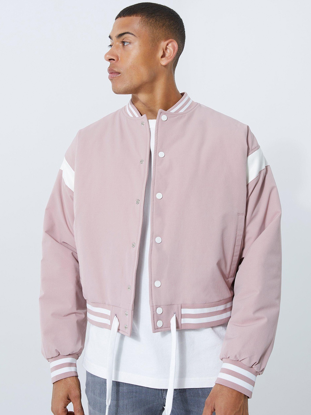 

boohooMAN Contrast Trims Bomber Jacket, Pink