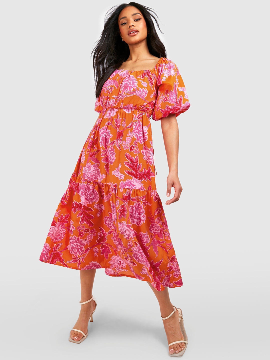 

Boohoo Floral Print A-Line Midi Dress, Orange