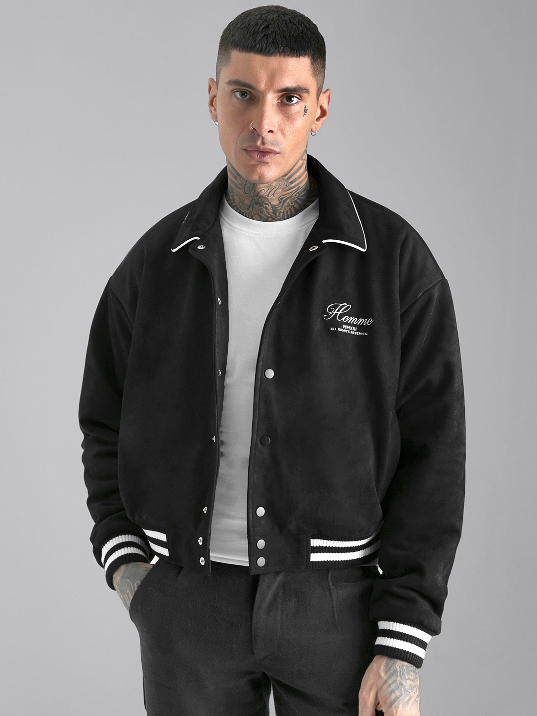 

boohooMAN Boxy Suede Varsity Bomber Jacket, Black