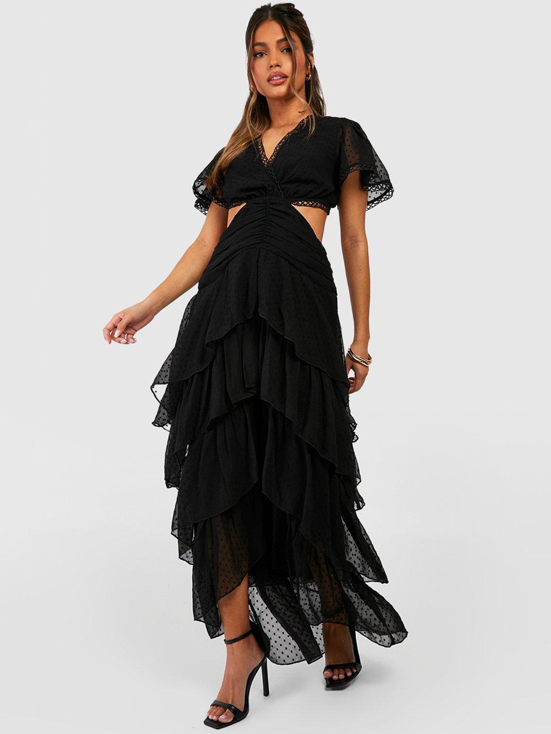 

Boohoo Ruched Ruffled Dobby A-Line Maxi Dress, Black