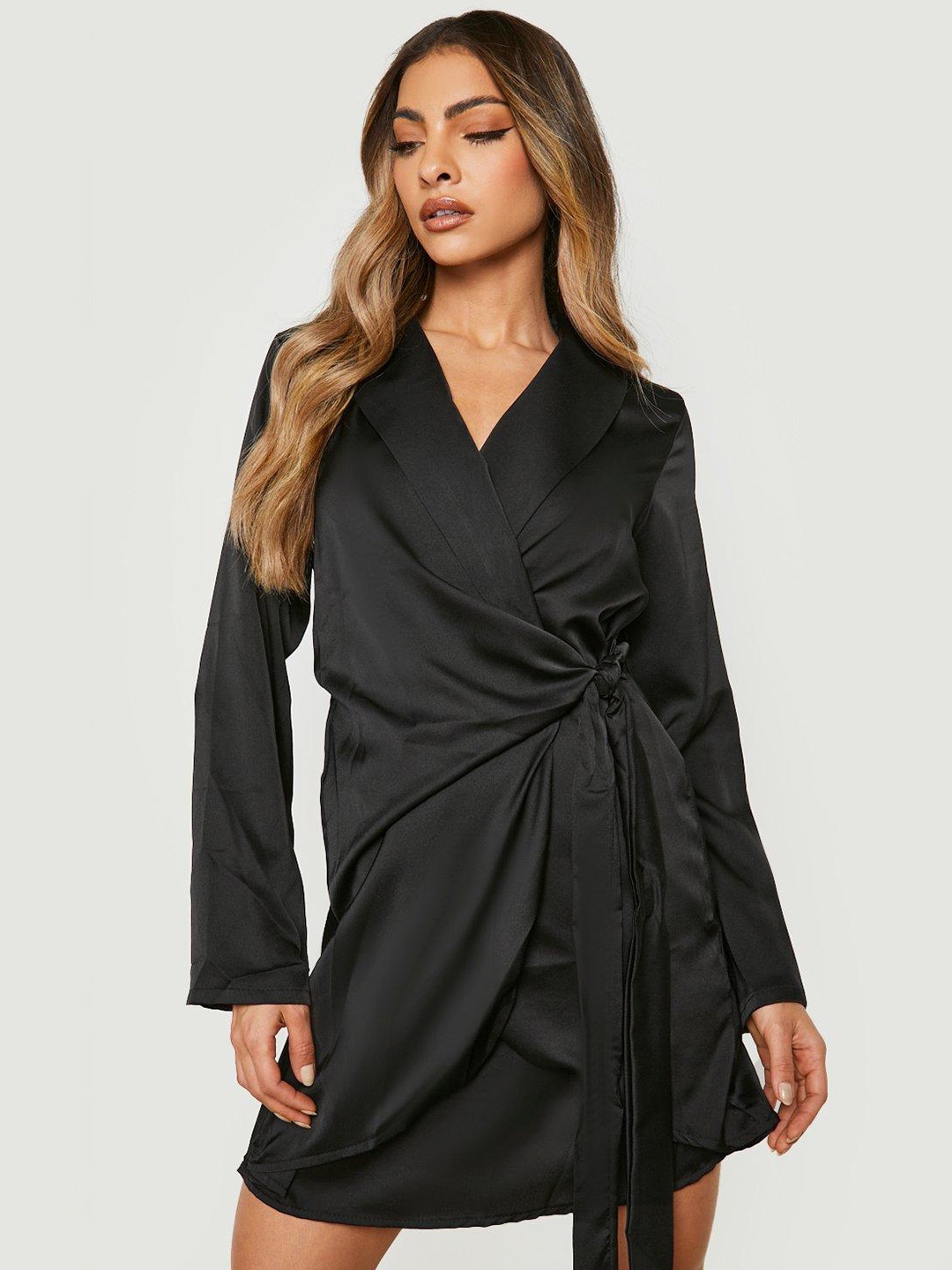 

Boohoo Satin-Finish Wrap Dress, Black