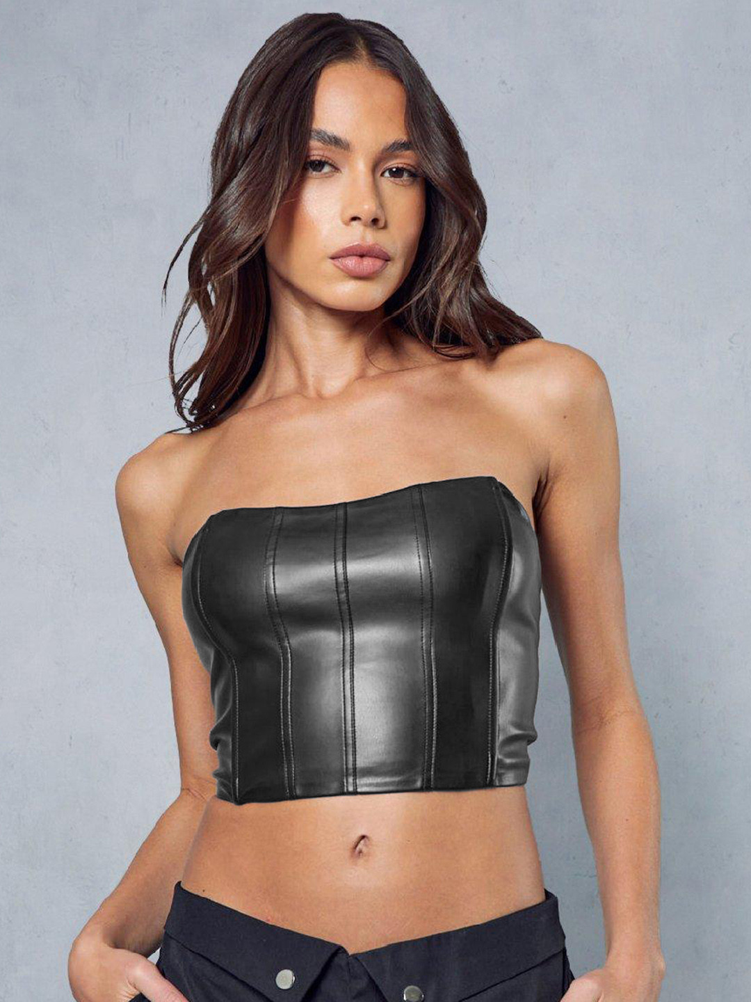 

MISSPAP Leather Corset Off-Shoulder Crop Top, Black