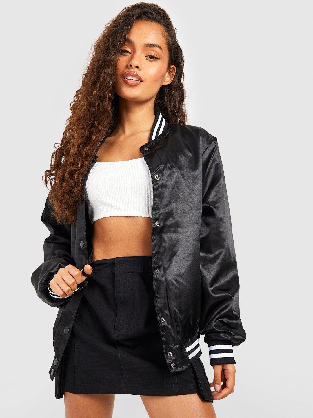 

Boohoo Stripe Hem Satin Bomber Jacket, Black