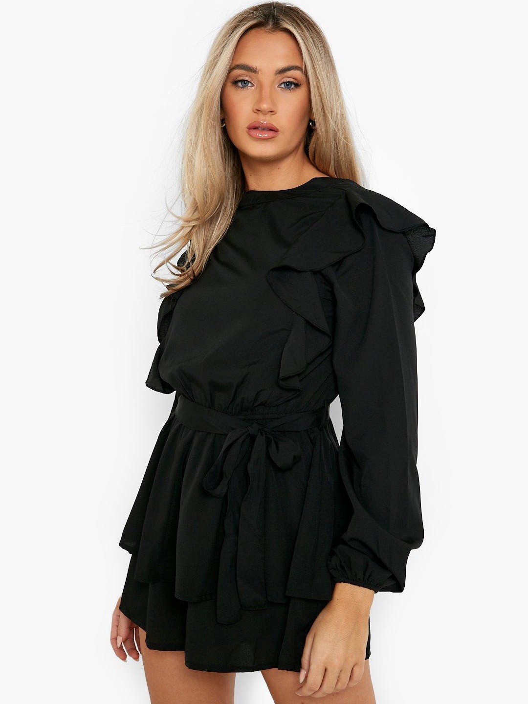 

Boohoo Ruffled Playsuit With Waist Tie-Ups, Black