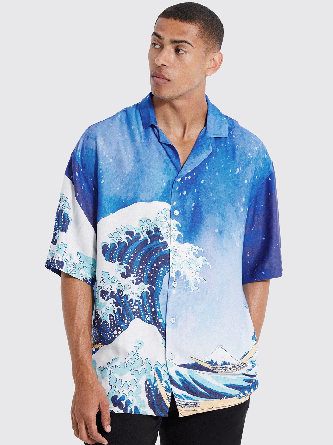 

boohooMAN Printed Casual Oversized Shirt, Blue