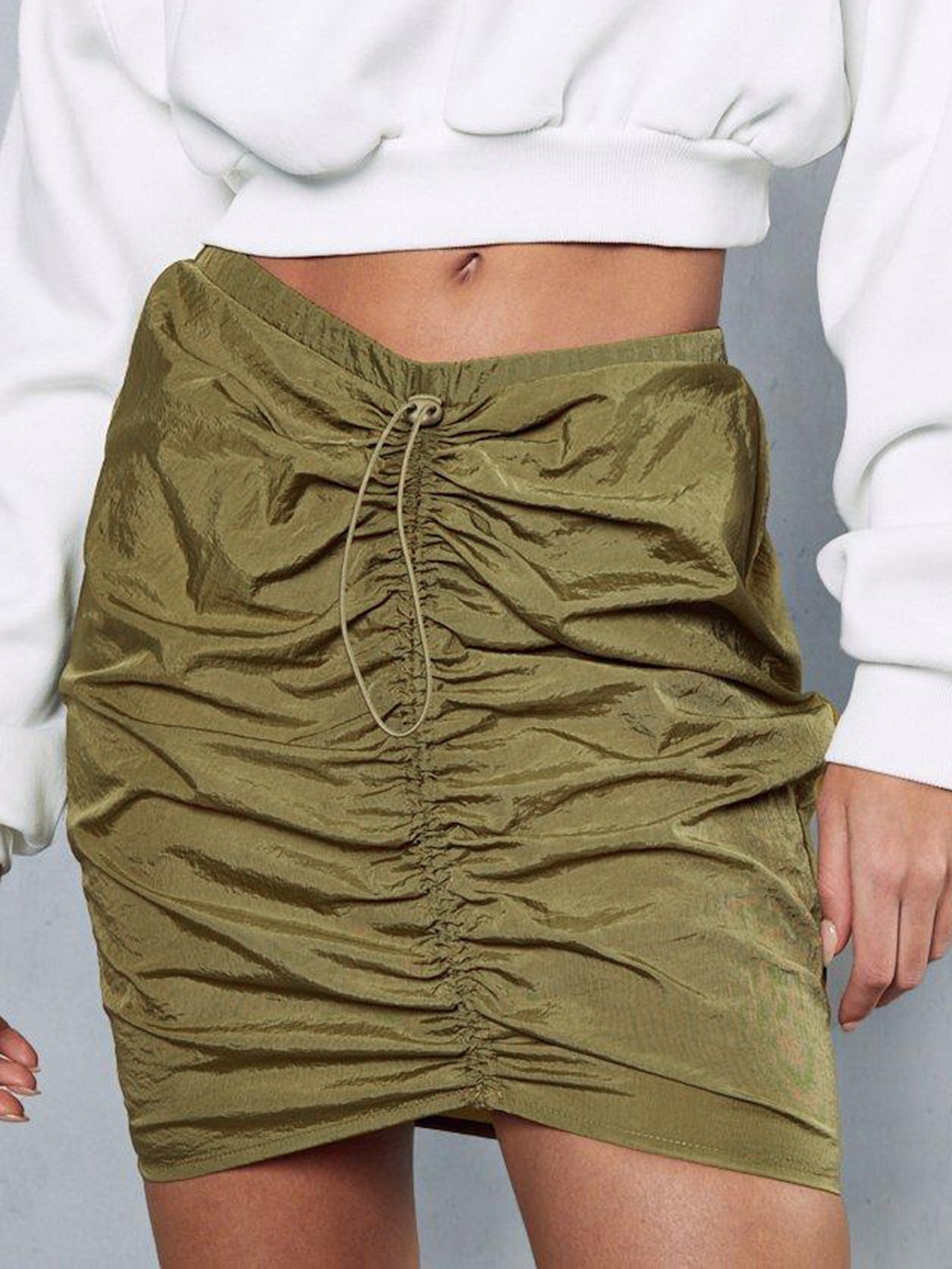 

MISSPAP Women Ruched Parachute Mini Skirt, Olive