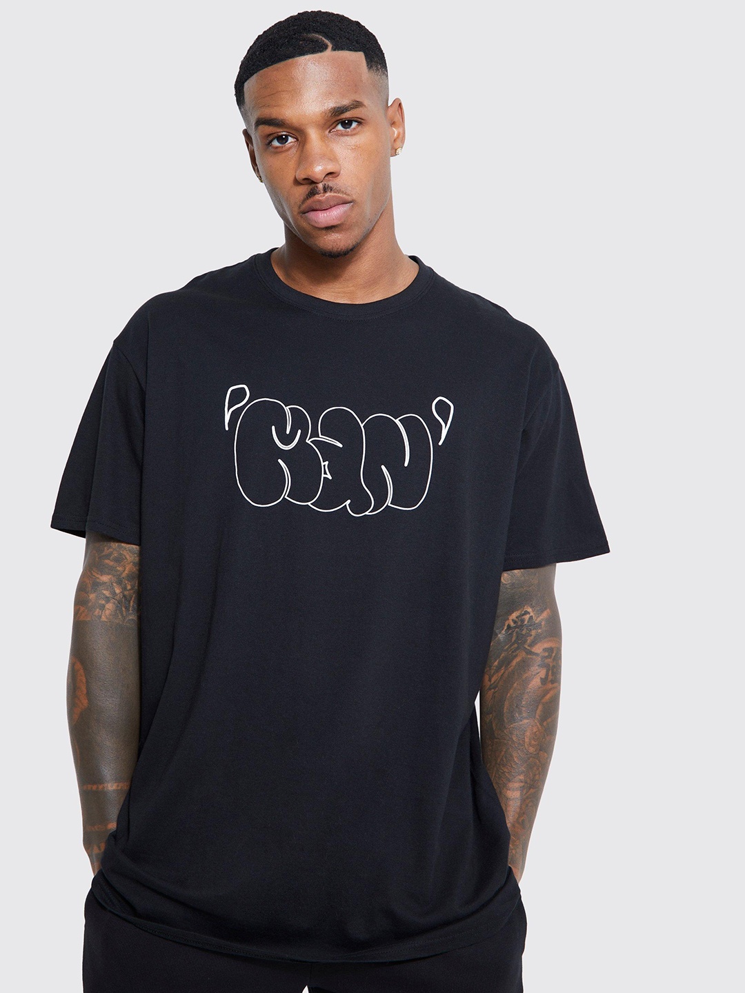 

boohooMAN Typography Printed Pure Cotton T-shirt, Black