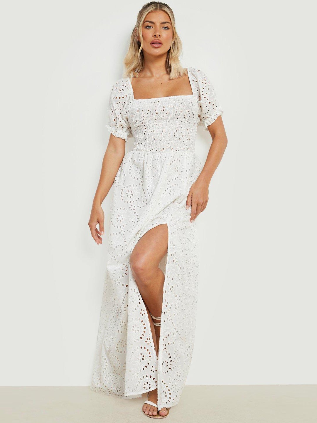 

Boohoo Schiffli Smocked Pure Cotton Maxi Dress, White