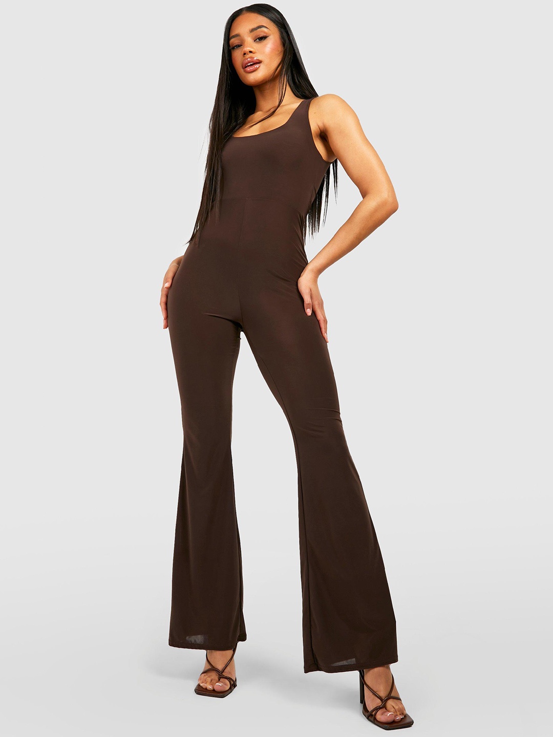 

Boohoo Square Neck Flared Jumpsuit, Brown