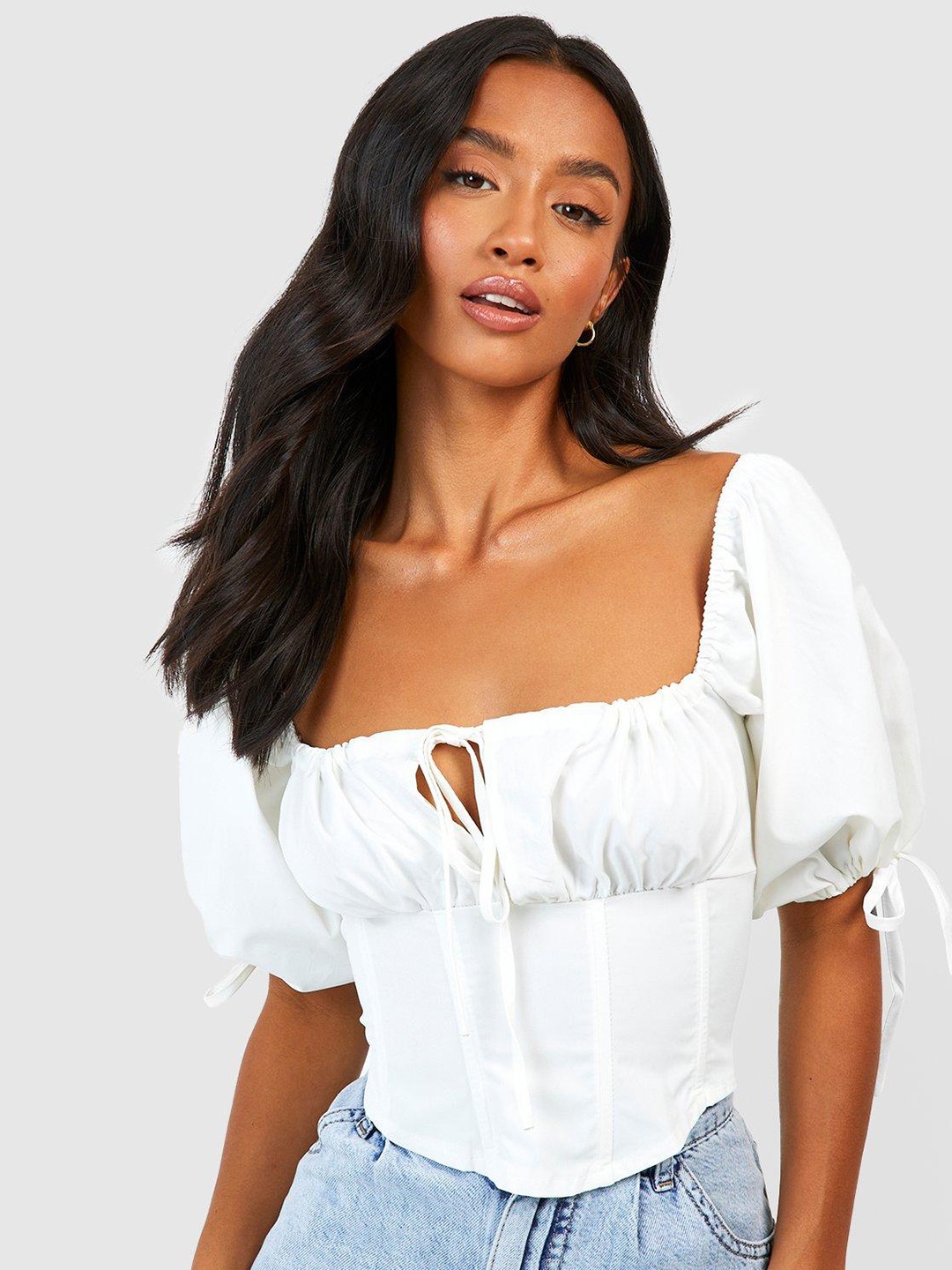 

Boohoo Petite Puff Sleeve Empire Corset Crop Top, White