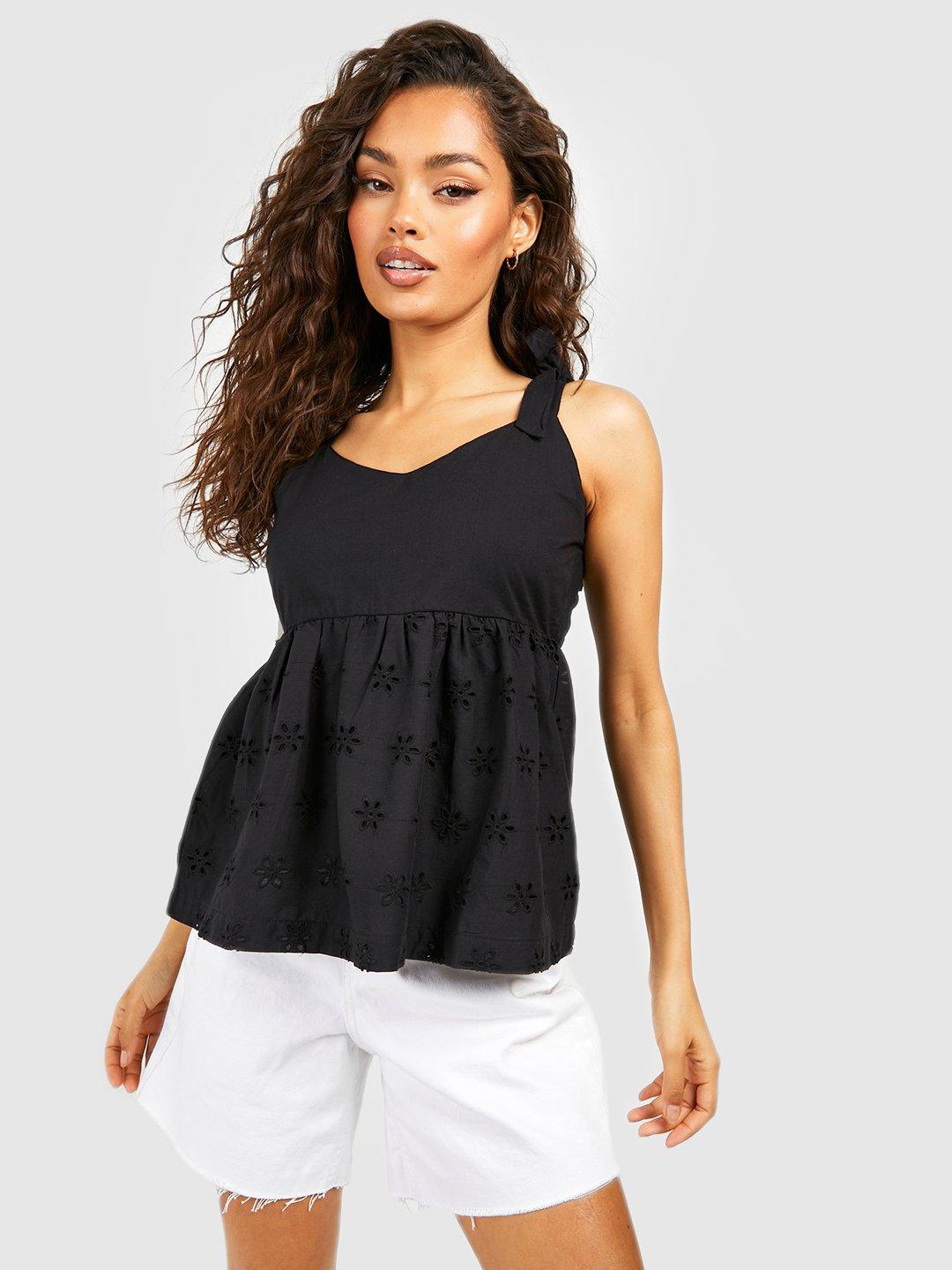

Boohoo Cotton Schiffli Embroidered Peplum Top, Black