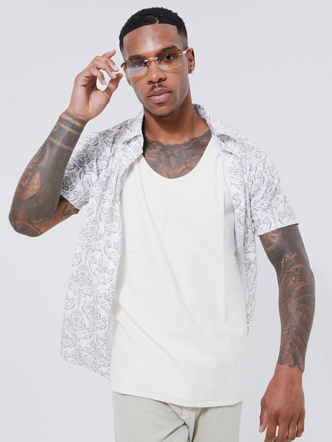 

boohooMAN Ethnic Motifs Printed Casual Shirt, White