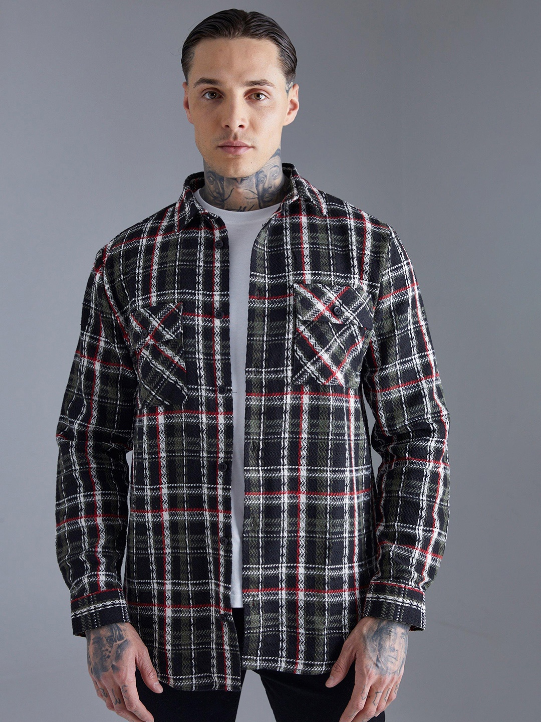 

boohooMAN Tartan Checks Tweed Shacket, Black