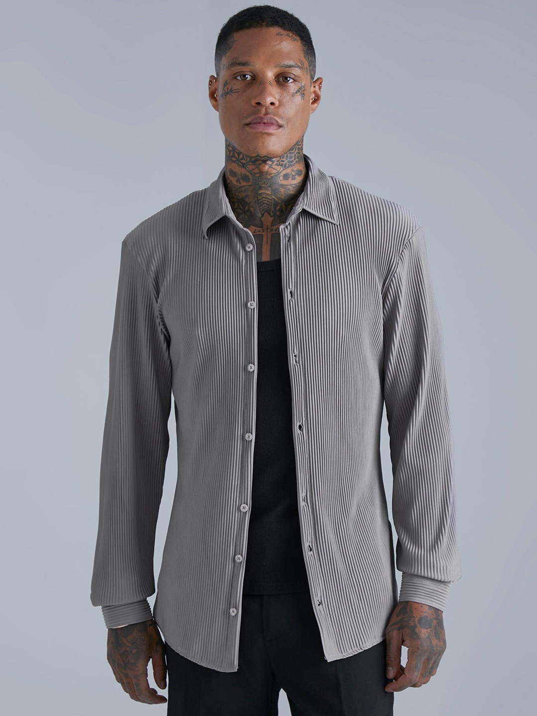 

boohooMAN Pleated Slim Fit Shirt, Taupe