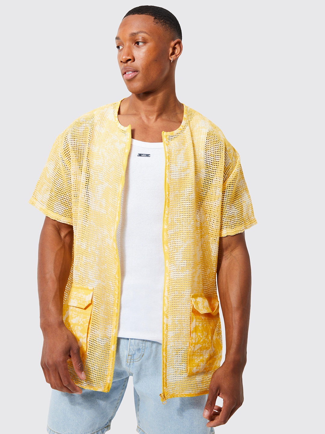 

boohooMAN Pure Cotton Tie & Dye Crochet Oversized Casual Shirt, Yellow