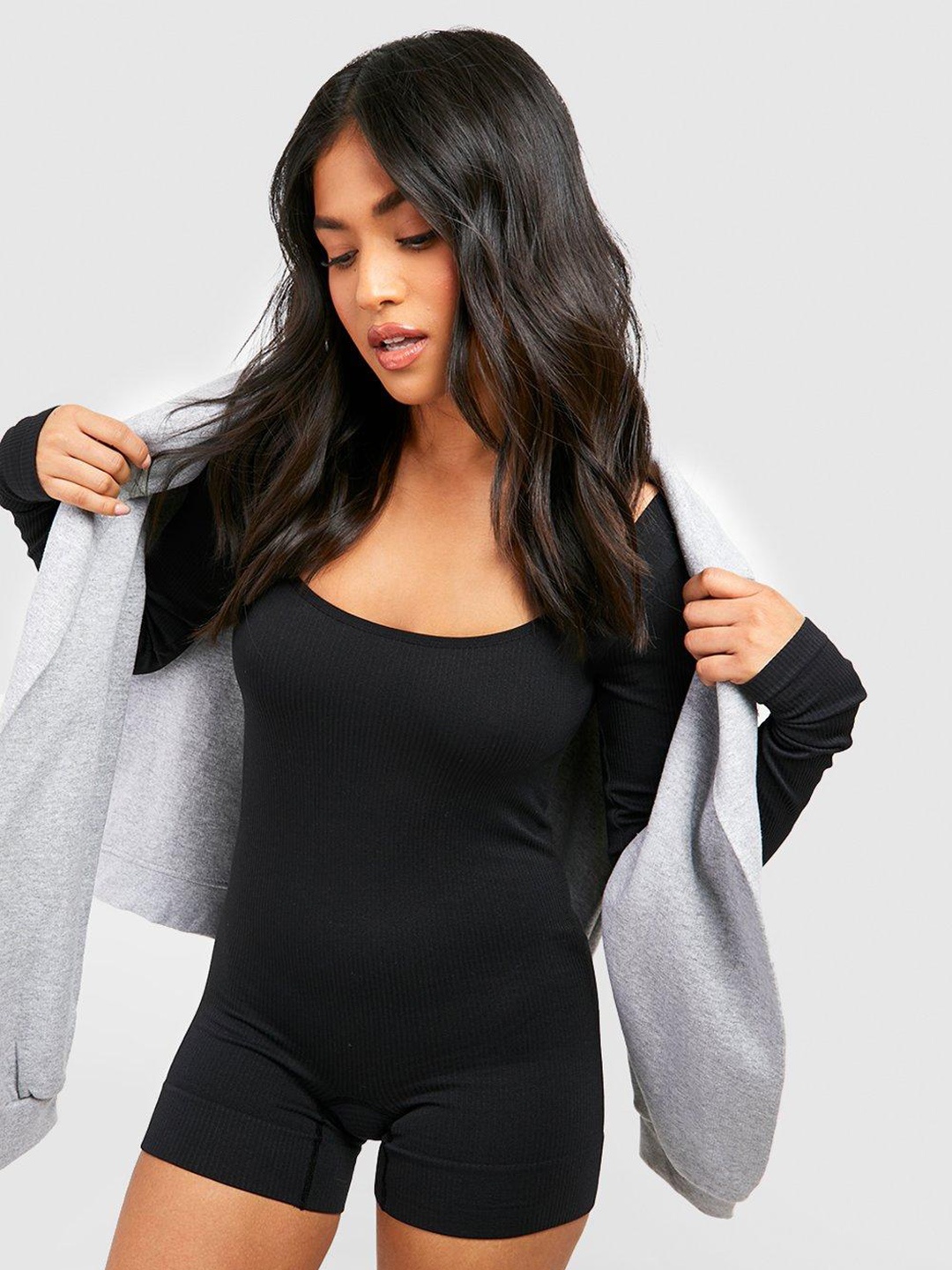 

Boohoo Petite Ribbed Scoop Neck Playsuit, Black