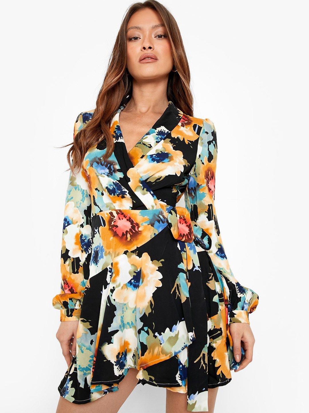 

Boohoo Floral Print Wrap Mini Dress, Black