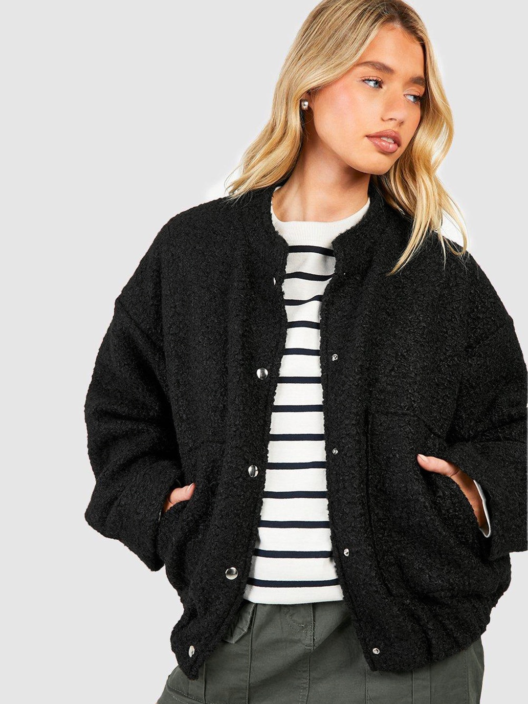 

Boohoo Textured Oversized Bomber Jacket, Black