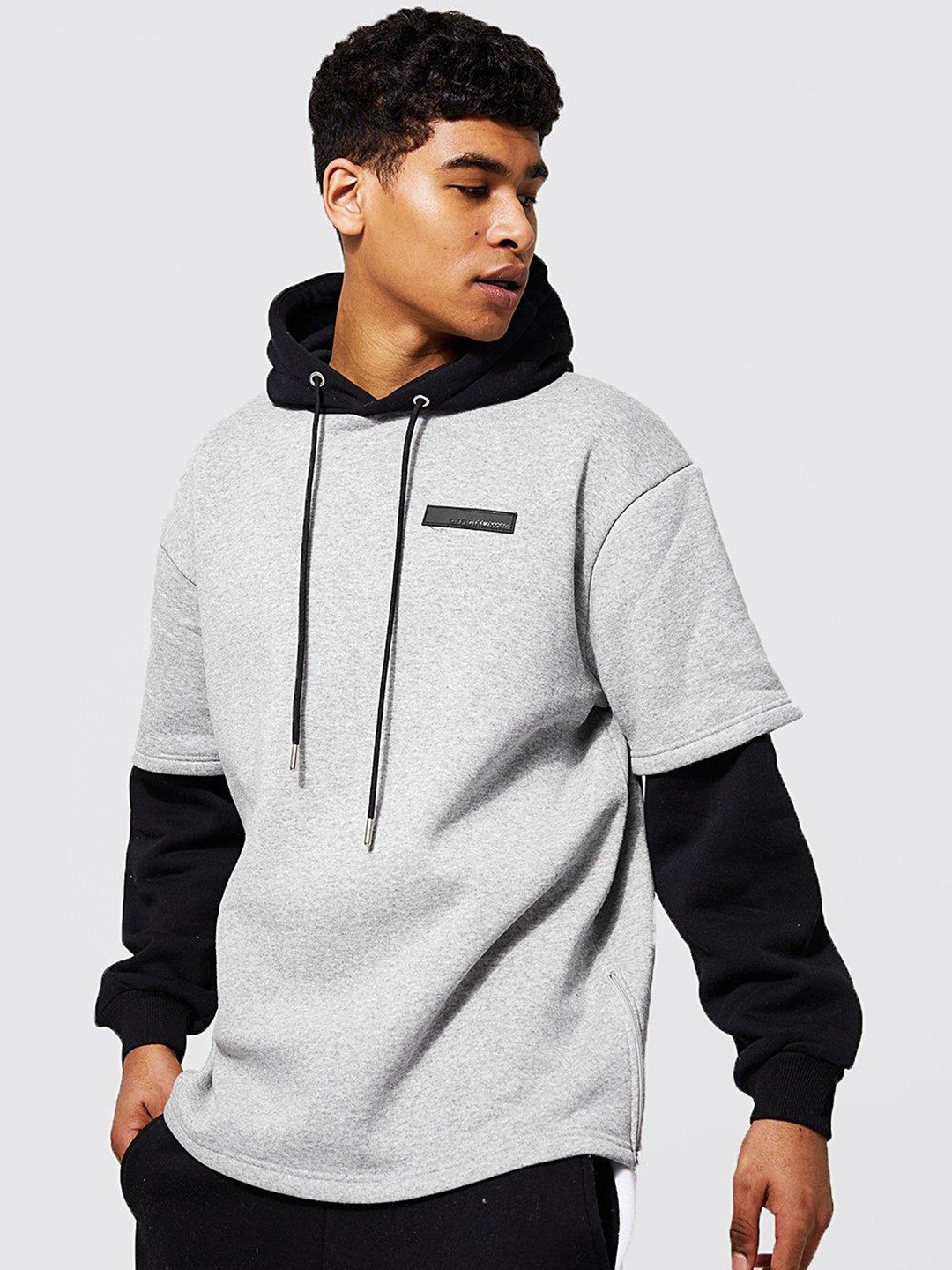 boohooMAN Oversized Faux Layer Cotton Hooded Sweatshirt, Grey melange