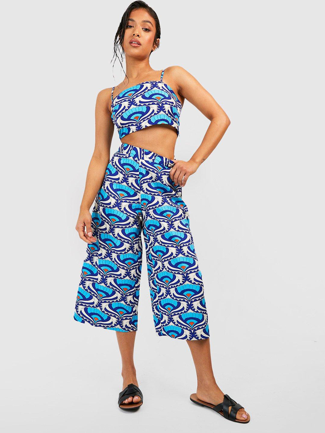 

Boohoo Women Petite Retro Print Crepe Co-ords, Blue