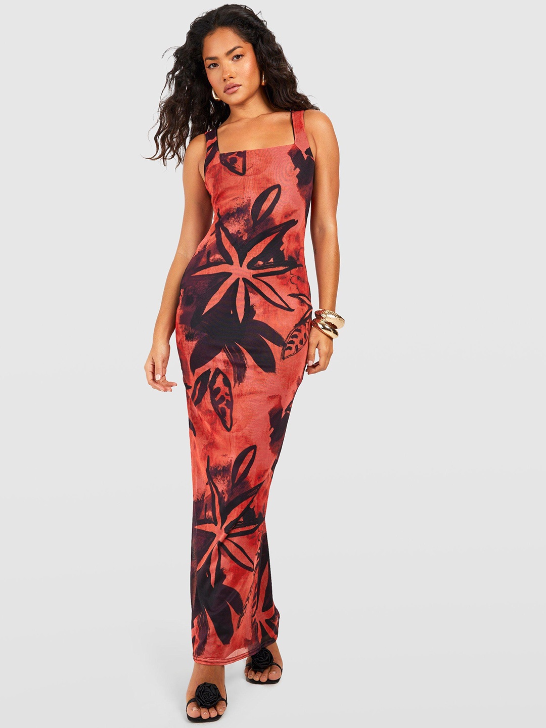 

Boohoo Tropical Print Mesh Maxi Dress, Red