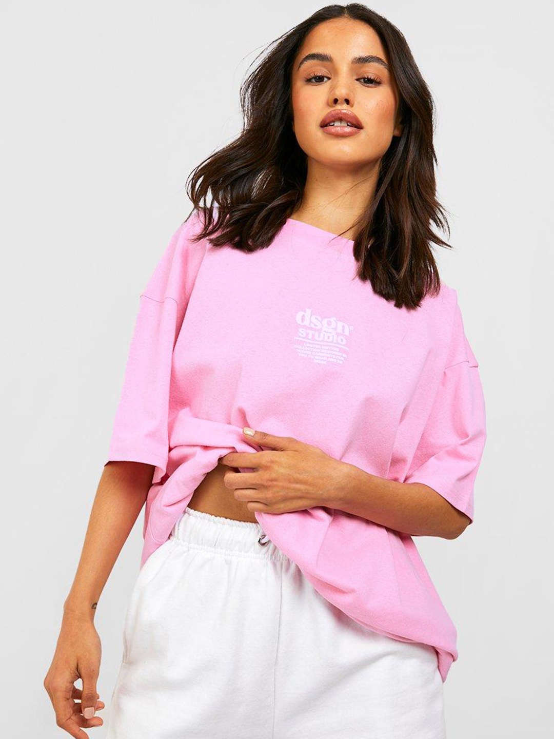Boohoo Printed Drop-Shoulder Oversized Cotton T-shirt, Pink