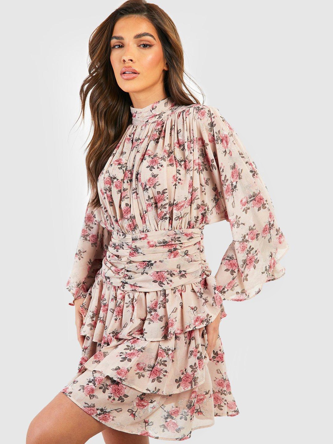 

Boohoo Floral Print Layered A-Line Mini Dress, Pink
