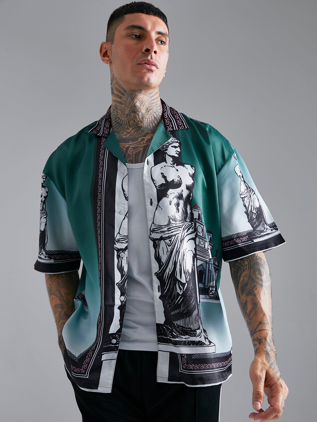 

boohooMAN Printed Satin finish Oversized Shirt, Green
