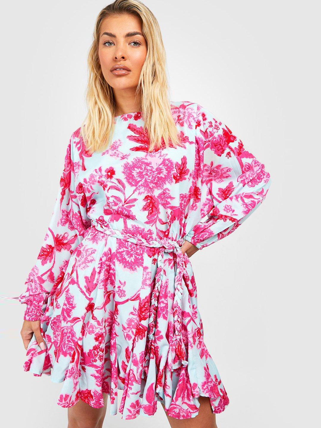 

Boohoo Floral Print A-Line Mini Dress, Blue