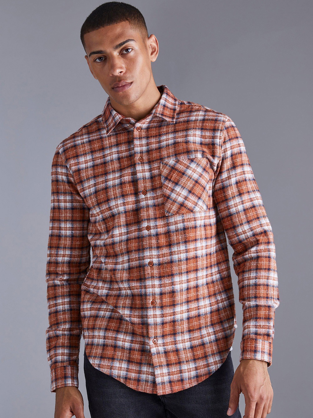 

boohooMAN Checked Flannel Shirt, Rust