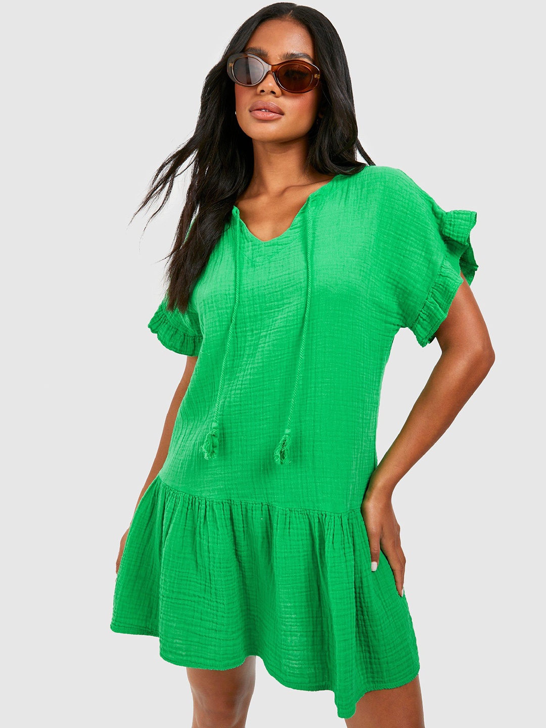 

Boohoo Textured Tie-Up Neck Drop-Waist Dress, Green