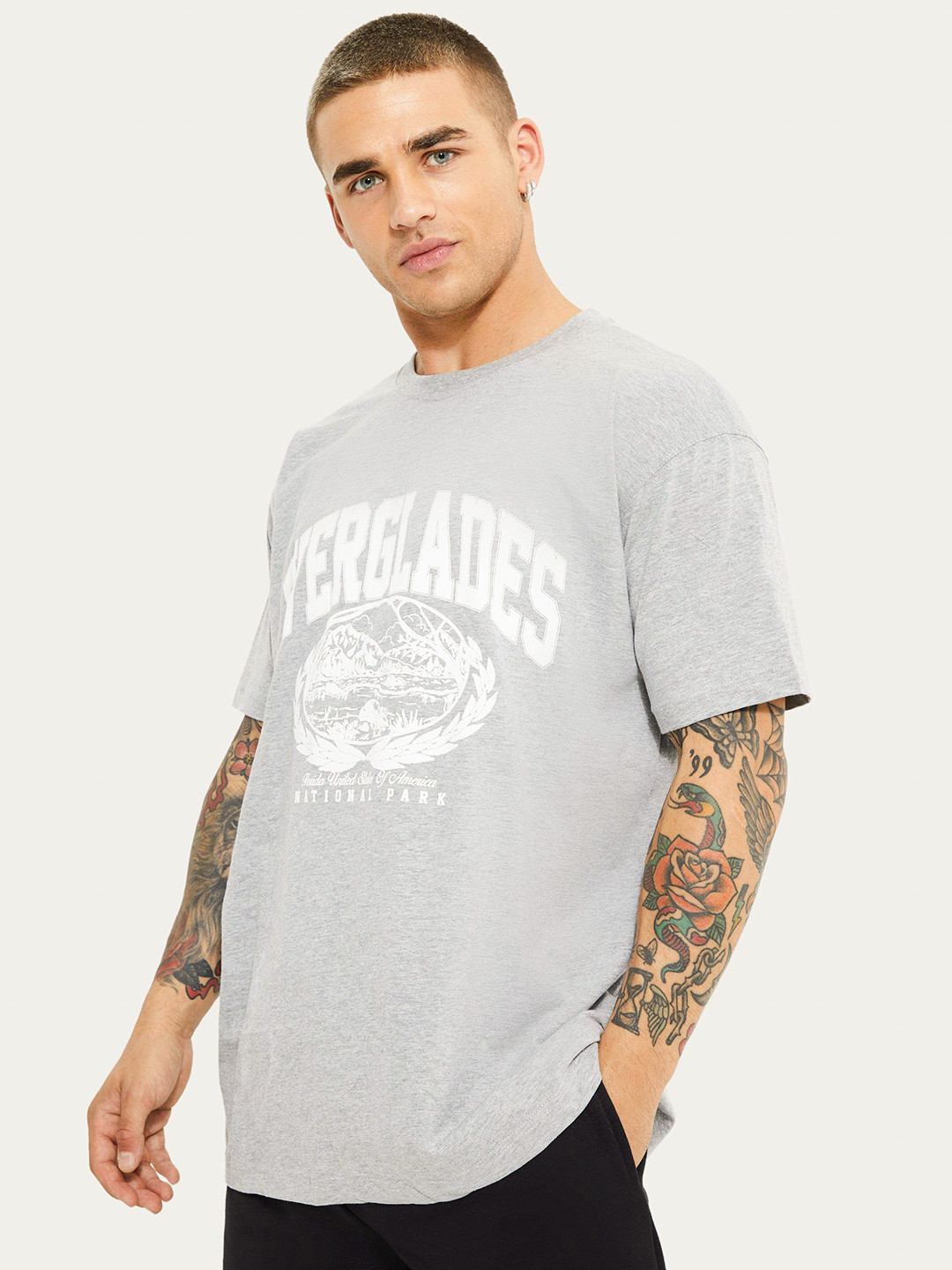 

boohooMAN Typography Printed Drop-Shoulder Sleeves Pure Cotton Oversized T-shirt, Grey melange