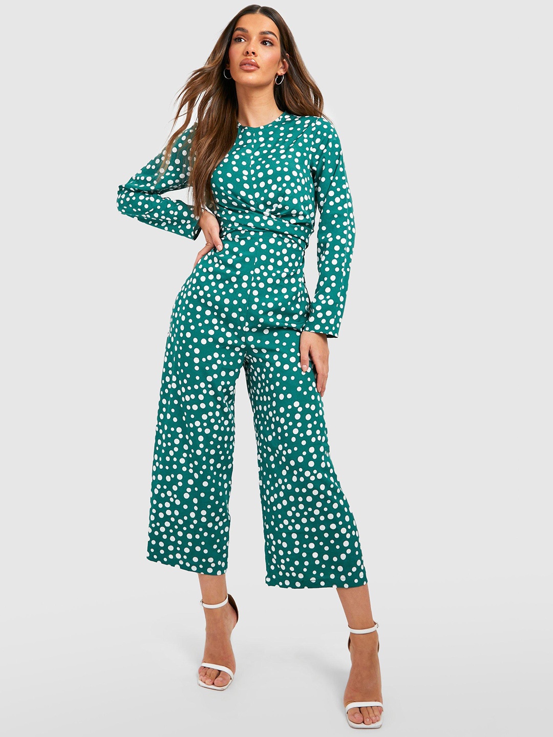 

Boohoo Polka Dots Print Twisted Detail Basic Jumpsuit, Green