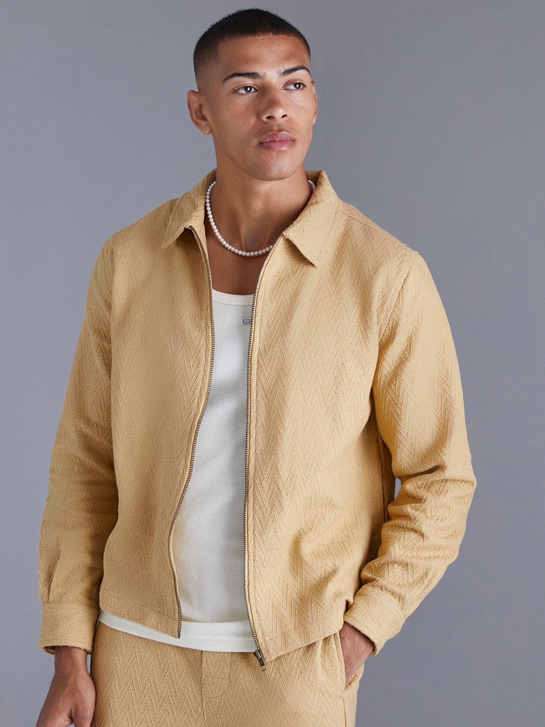 

boohooMAN Herringbone Textured Tailored Jacket, Beige