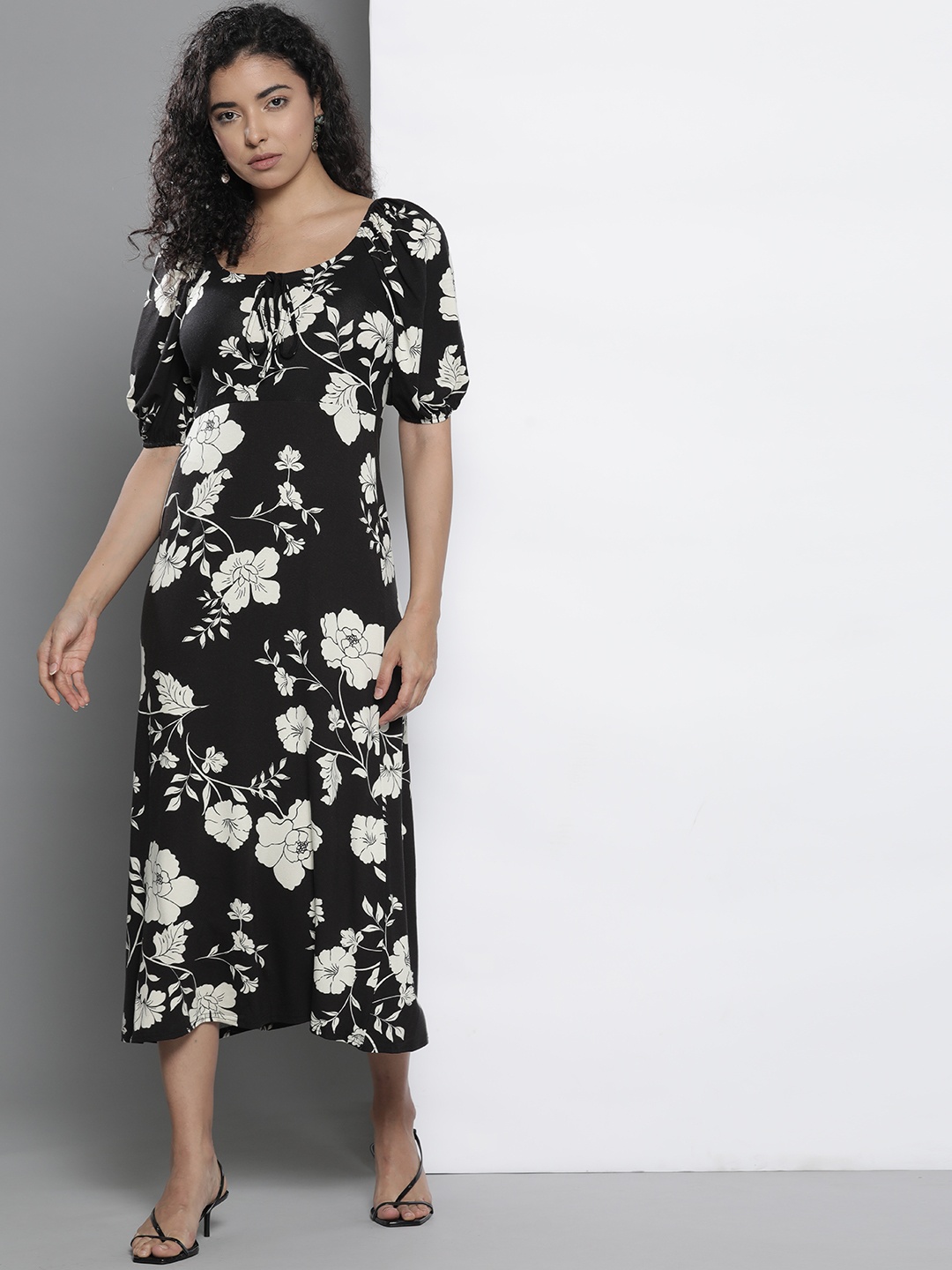 

DOROTHY PERKINS Floral Print A-Line Midi Dress, Black