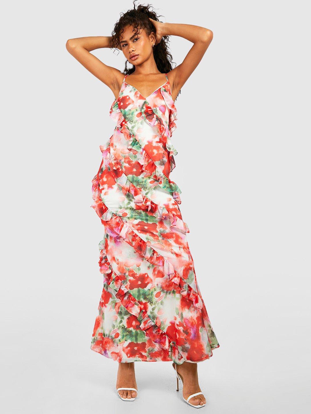 

Boohoo Floral Print Ruffled Maxi Dress, White